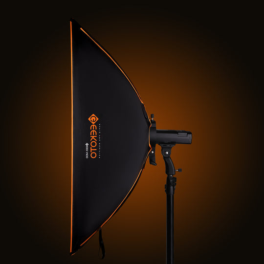 Geekoto GEEK-MOD SQ54 54 x 20-inch rapid-deploy strip softbox shown fully opened for studio lighting