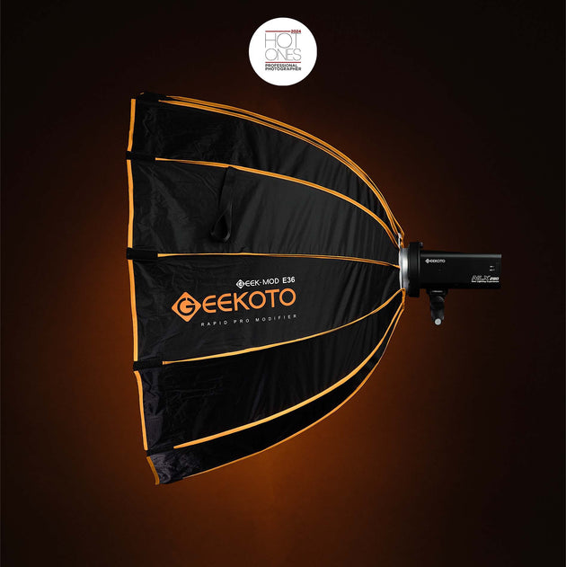 Geekoto GEEK MOD E36 36-inch rapid-deploy softbox shown fully opened for studio lighting
