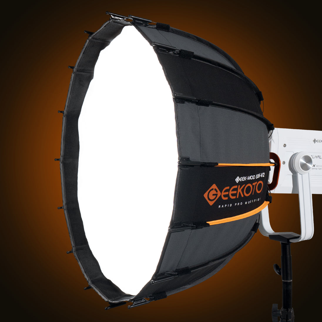 Geekoto GEEK MOD S26 PRO V2 26-inch V2 rapid-deploy softbox shown fully opened for studio lighting