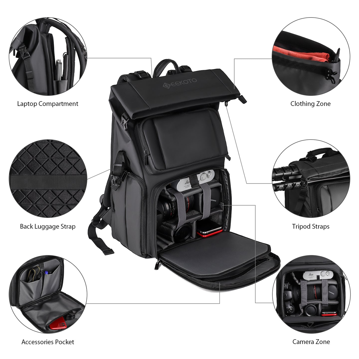 Geekoto Rogue camera backpack open with modular dividers