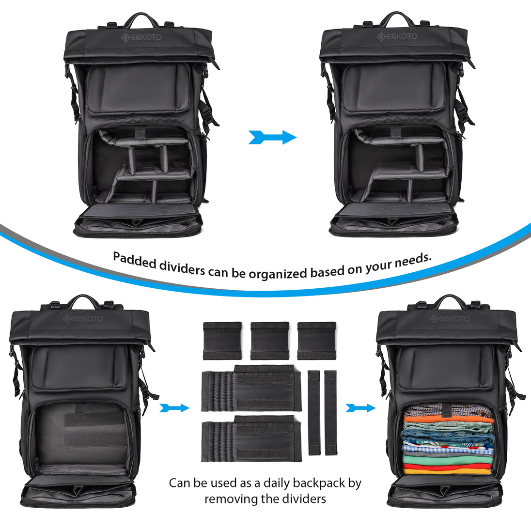 Geekoto Rogue Black camera backpack open with modular dividers