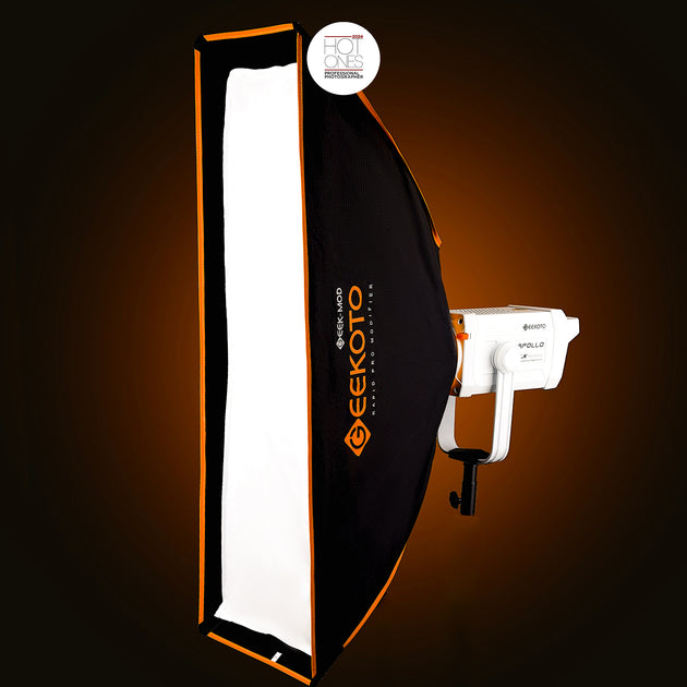 eekoto GEEK-MOD SQ36 36 x 12-inch rapid-deploy strip softbox shown fully opened for studio lighting